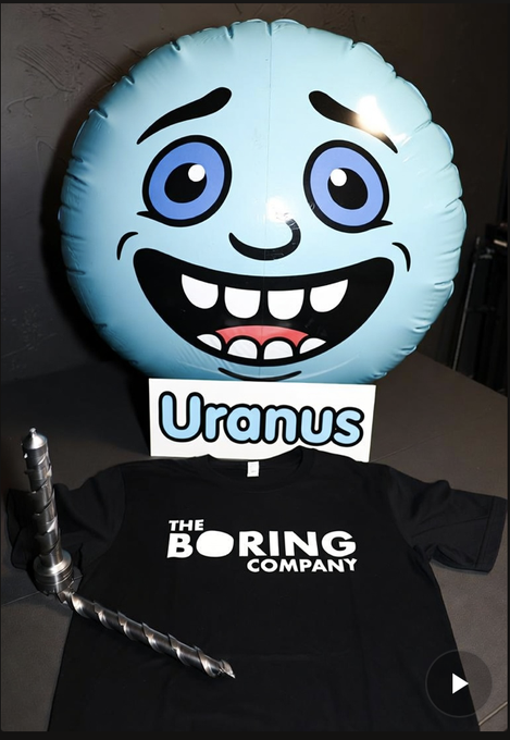 Uranus merch and The Boring Company shirt